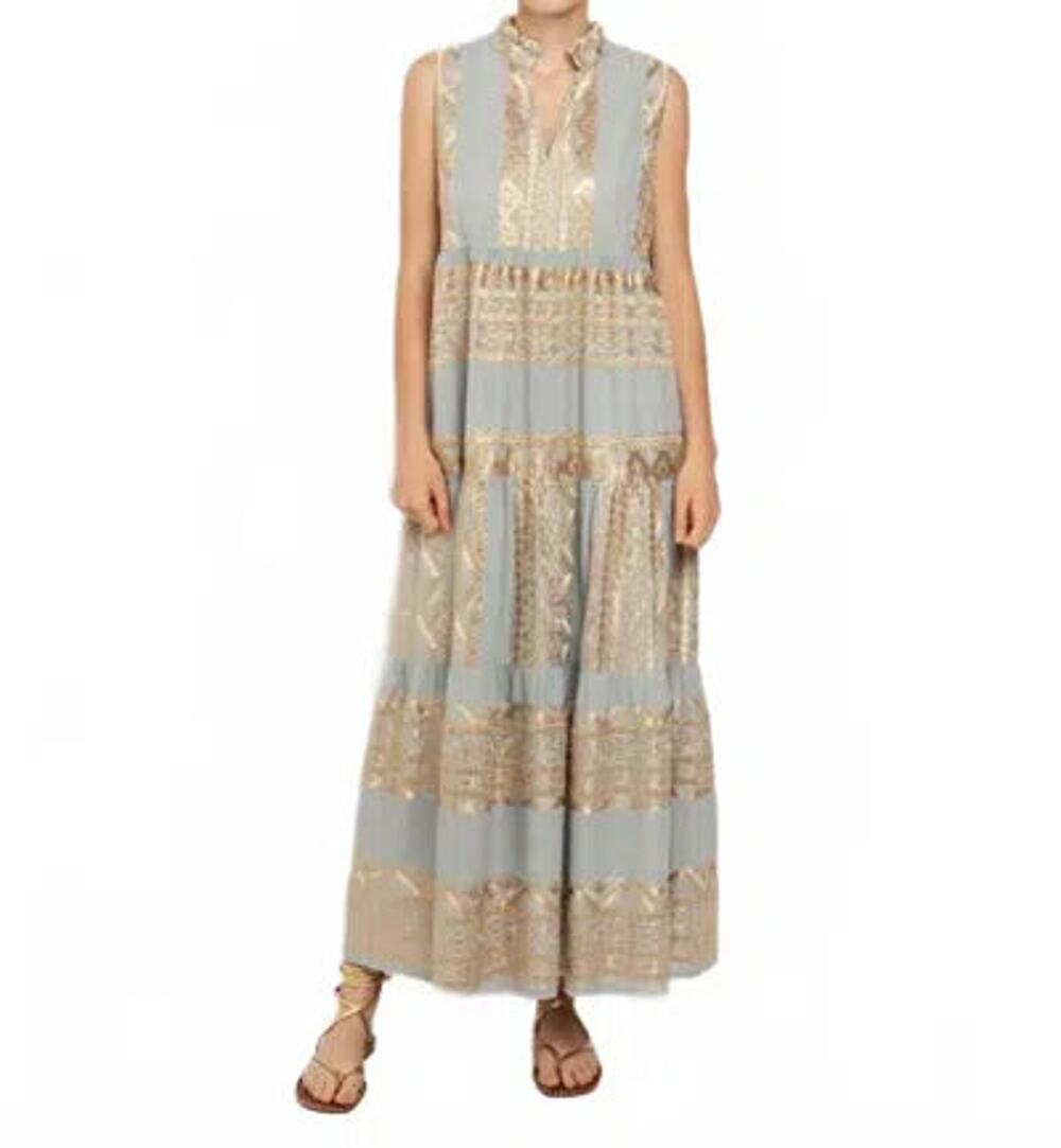 Greek Archaic Kori Ava Sleevless Tiered Maxi Dress Ciel / Gold Women's Medium
